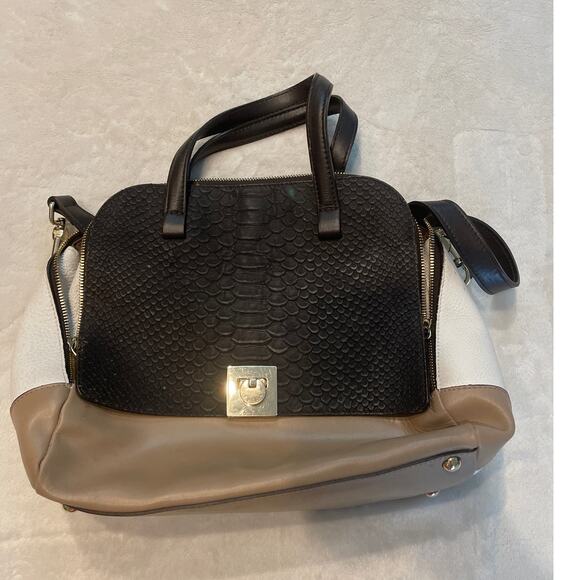 Furla Handbags - FURLA Women's Embossed Croc Leather Top Handle Satchel Bag Black/White Large